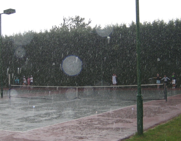 Players caught out in a rain break.